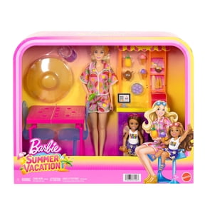 Barbie Summer Vacation Blonde Doll and Smoothie Stand Playset, Plastic, Fruit-Print Outfit, Table, Chairs and 16+ Accessories, Pink, for Kids Ages 3+