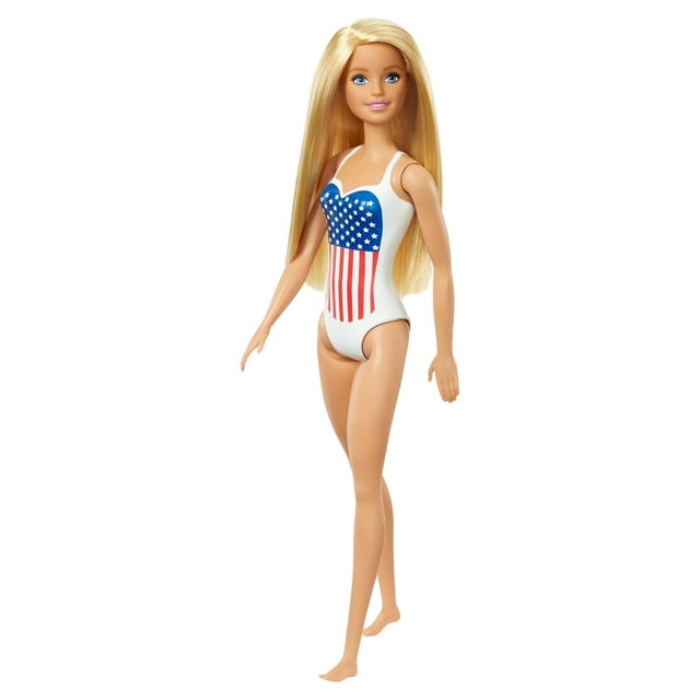 Barbie Swimsuit Beach Doll with Blonde Hair & American Flag Suit