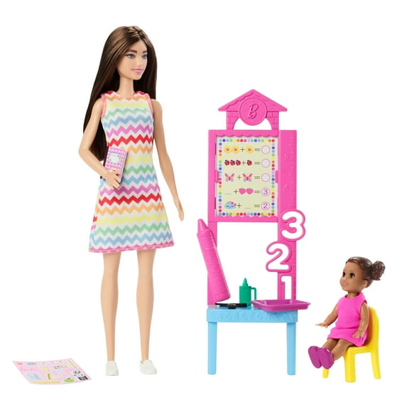 Barbie Teacher Doll with Brunette Fashion Doll, 1 Toddler Doll, & Teaching Accessories