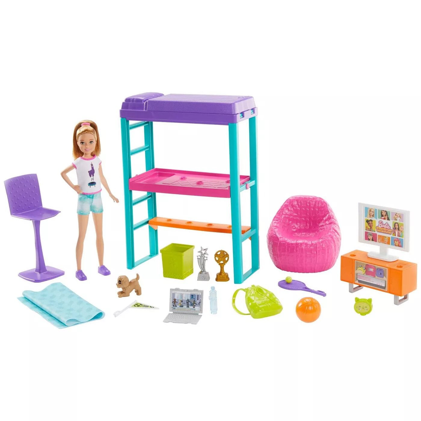 Barbie Team Stacie Doll & Bedroom Furniture/Television/Laptop/Sports  Trophies Playset 