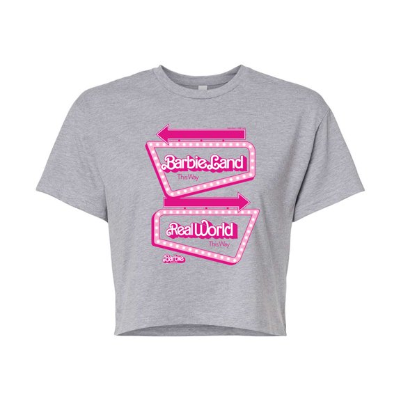 Barbie The Movie - Barbieland Real World This Way Signs - Juniors Cropped Cotton Blend T-Shirt