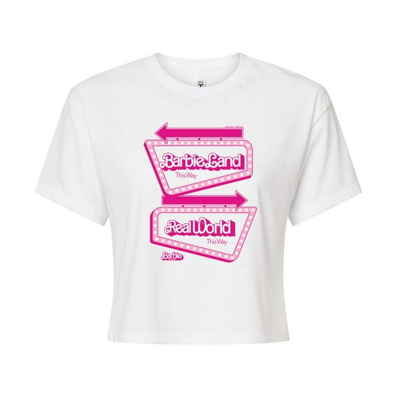 Barbie The Movie - Barbieland Real World This Way Signs - Juniors Cropped Cotton Blend T-Shirt