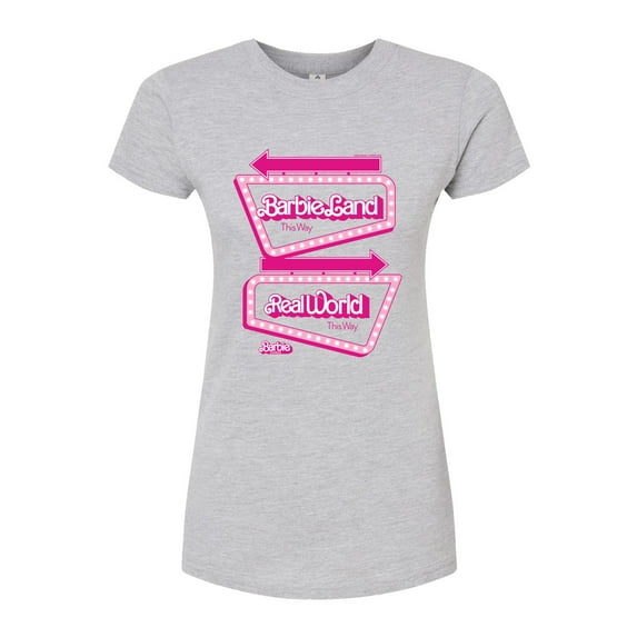 Barbie The Movie - Barbieland Real World This Way Signs - Juniors Fitted Graphic T-Shirt