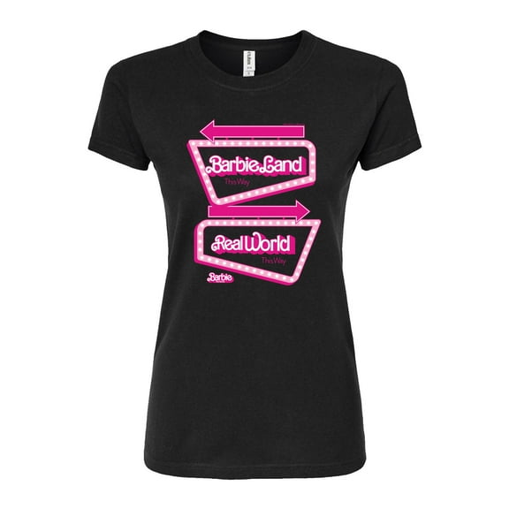 Barbie The Movie - Barbieland Real World This Way Signs - Juniors Fitted Graphic T-Shirt