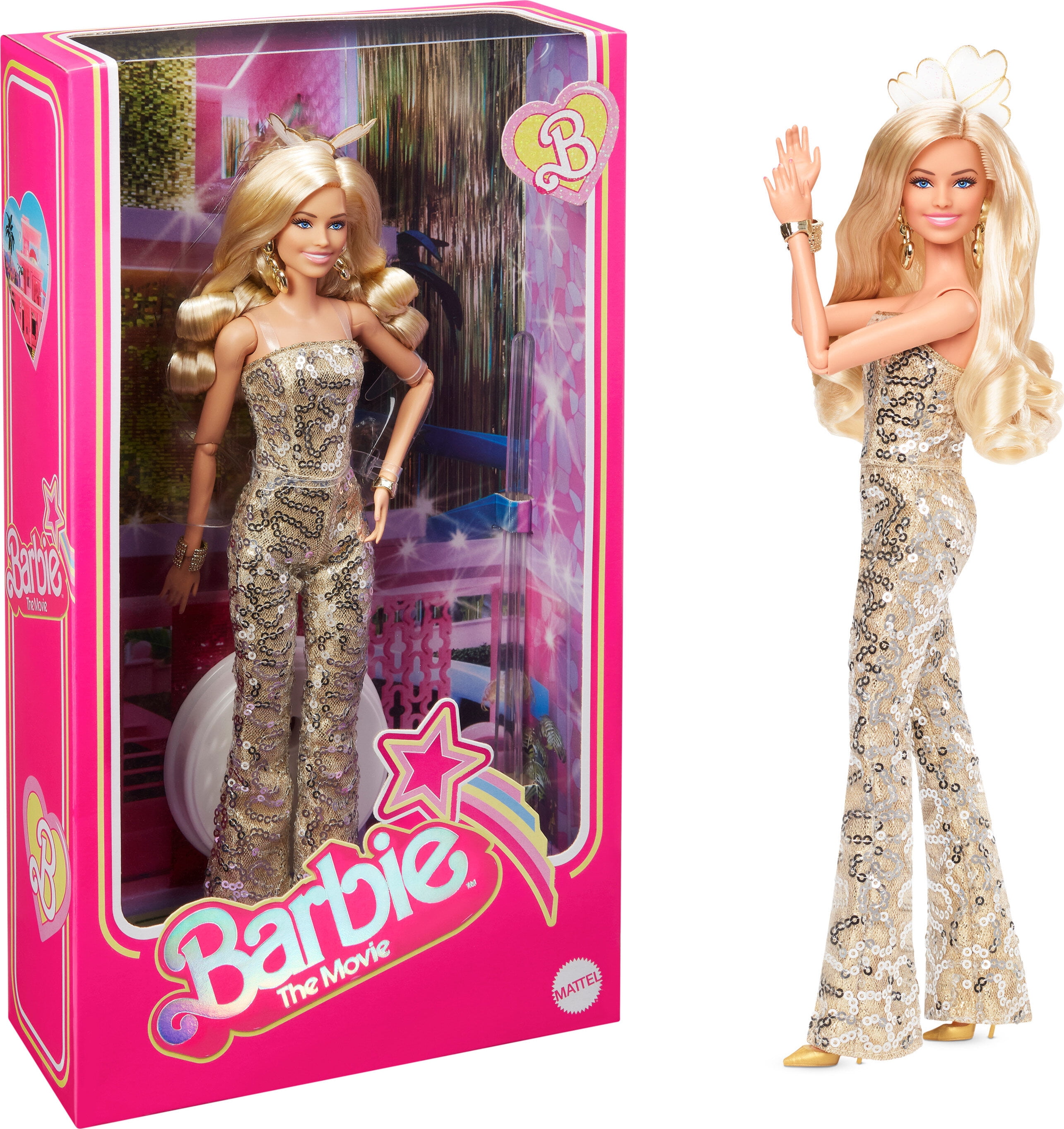 Barbie The Movie Collectible Doll, Margot Robbie as Barbie in Gold Disco  Jumpsuit 