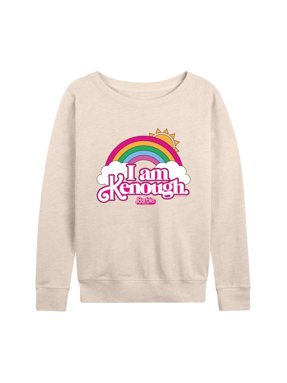 - I Am Kenough Rainbow Clouds Women's Lightweight French Terry Wide Neck Long Sleeve Graphic Shirt