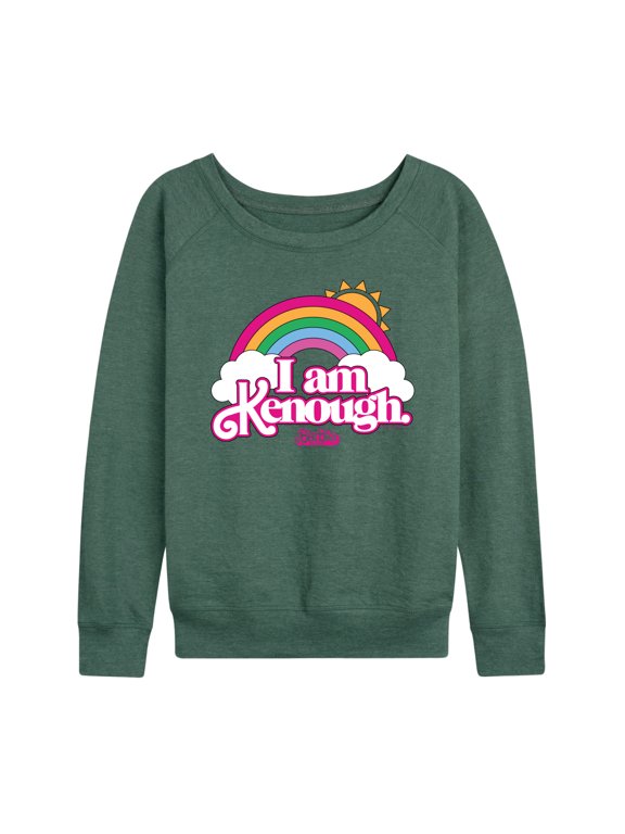 - I Am Kenough Rainbow Clouds Women's Lightweight French Terry Wide Neck Long Sleeve Graphic Shirt