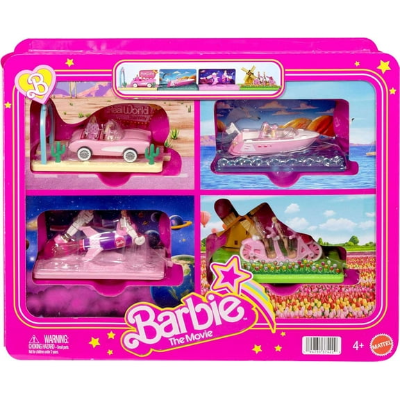 Barbie The Movie Pink Convertible, Boat, Rocket Ship & Bike! Mini Playset