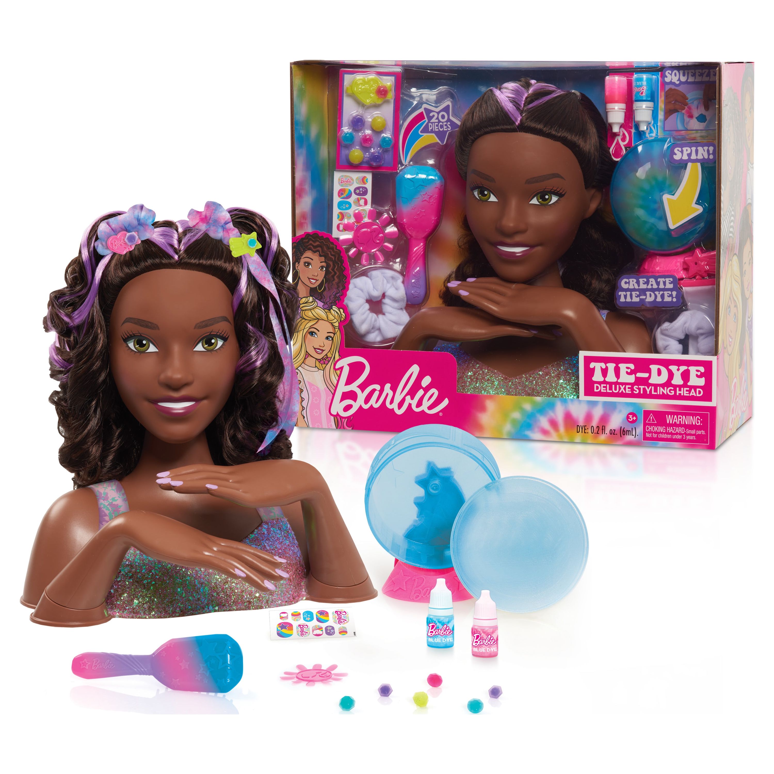 Barbie Tie-Dye Deluxe 21-Piece Styling Head, Black Hair, Includes 2 Non-Toxic Dye Colors,  Kids Toys for Ages 3 Up, Gifts and Presents - image 1 of 9