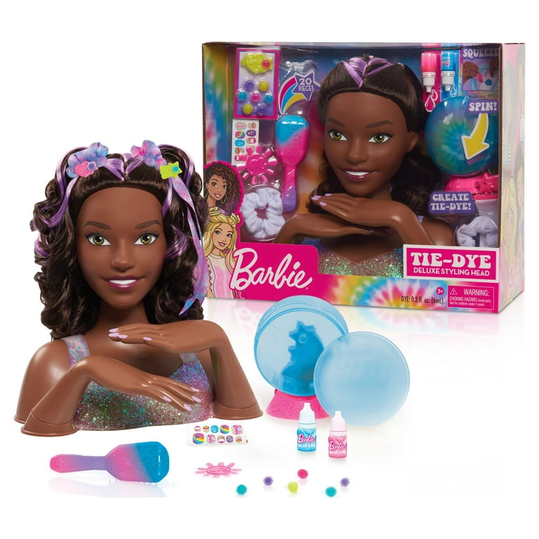 Barbie Tie-Dye Deluxe Styling Head, Dark Brown Hair, Includes 2 Non-Toxic Dye Colors
