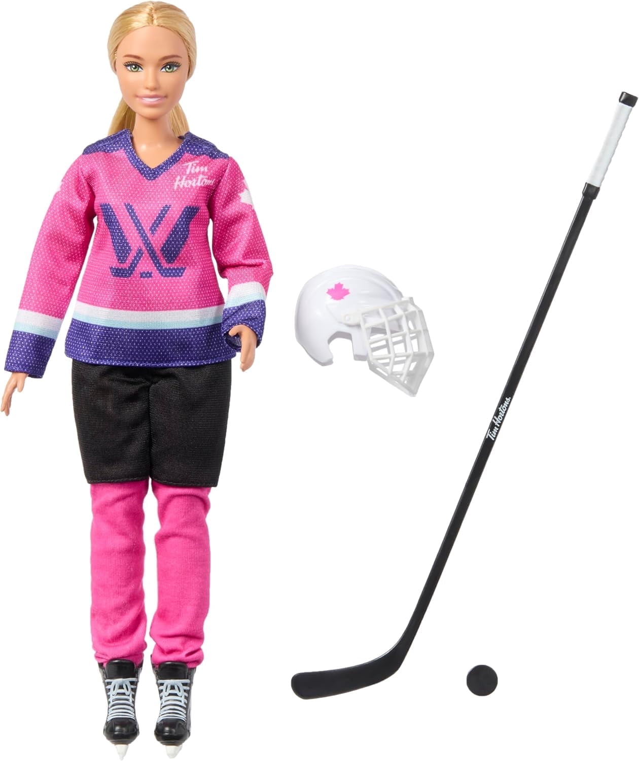Barbie Tim Hortons PWHL Fashion Doll in Pink, Purple, & Teal Hockey Jersey, Includes Hockey Stick, Puck, and Helmet