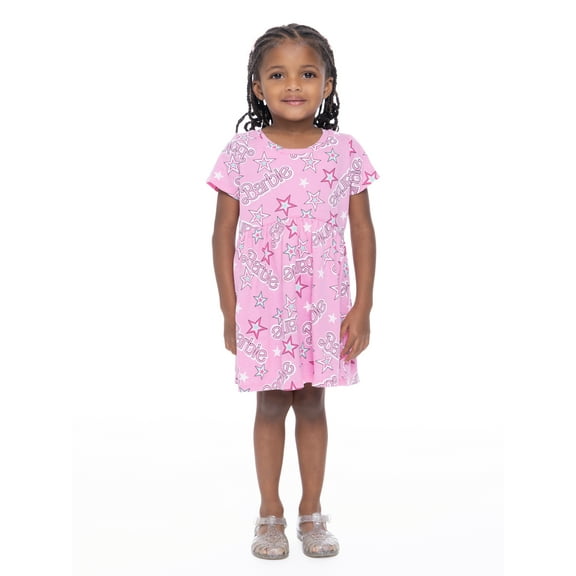 Barbie Toddler Girl Allover Print Dress with Short Sleeves, Sizes 12M-5T