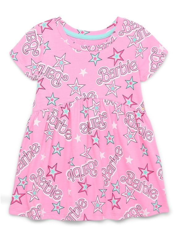 Barbie Toddler Girl Allover Print Dress with Short Sleeves, Sizes 12M-5T