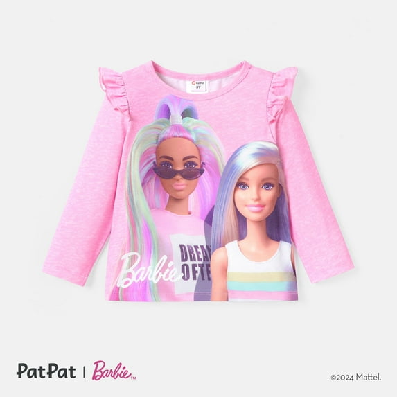 Barbie Toddler Girls Character Navy Blue Tee Pink Tee Print Ruffled Long-sleeve Tee Sizes 2-6