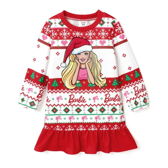 Barbie Toddler Girls Christmas Dress Red Bohemian Ruffle Hem Long Sleeves Outfits Ugly Sweatshirt Sizes 2-6Y