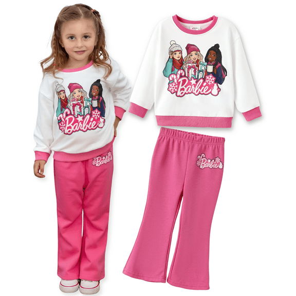 Barbie Toddler Girls Clothes 2pcs Outfit Set Christmas Long Sleeve Sweatshirt and Pink Bell Bottom Pants Holiday Kids Clothing 3Y