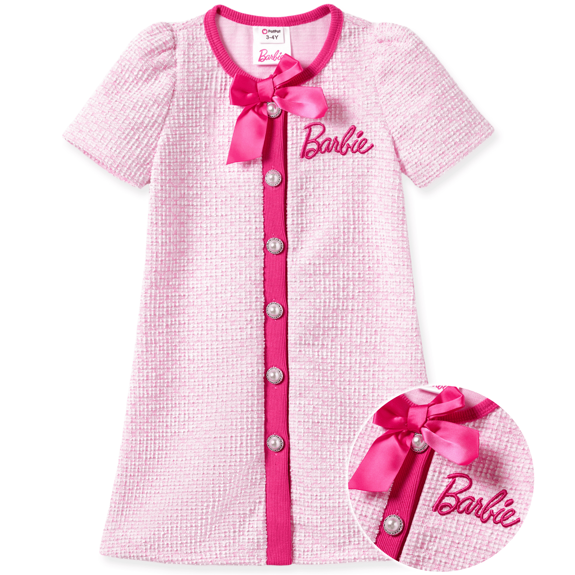 Barbie Toddler Girls Dresses Pink Tweed Crew Neck Bowknot Single Breasted Knit Outfits Sizes 2-12