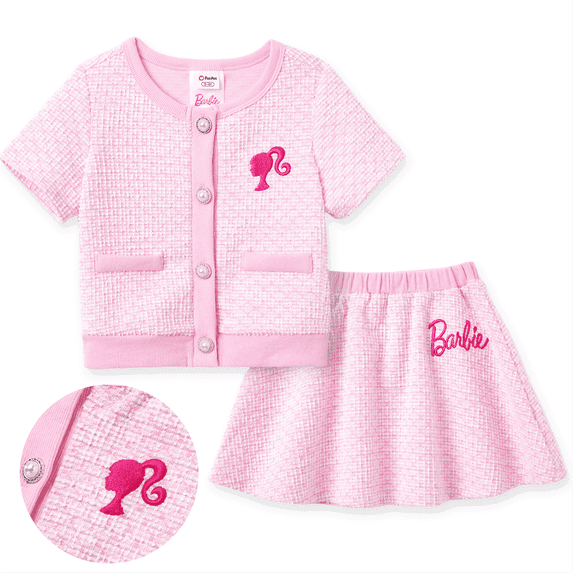 Barbie Toddler Girls Dresses Set Graphic Plaid Tweed Short Sleeves Button Front Shirts with Skirts 2 Pieces Outfit Set Sizes 3-10