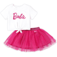 thumbnail image 1 of Barbie Toddler Girls Letter Print Tie Knot Cotton Tee with Mesh Skirt 2 Pieces Outfit Set Sizes 2-6, 1 of 10