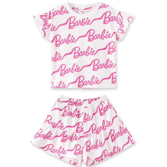 Barbie Toddler Girls Outfit Set All-Over Print Ruffle Sleeve T-Shirt with Skirted Shorts 2 Piece Summer Set Girls Fashion Sizes 2Y