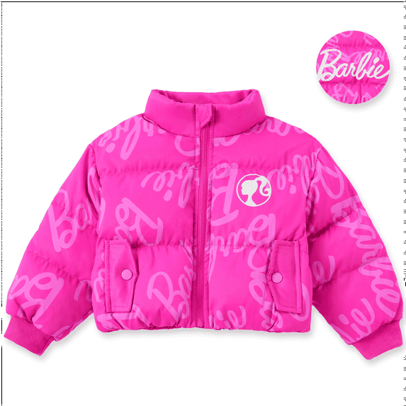Barbie Girls Puffer Jacket Pink Graphic Allover Letter Print Gift Outerwear Winter Coat Sizes 3-10