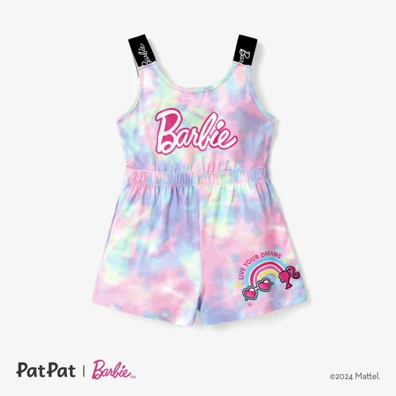 Barbie Toddler Girls Romper Tyedyed Colorful Pattern with Classic Logo Print Jumpsuit Sizes 3-10