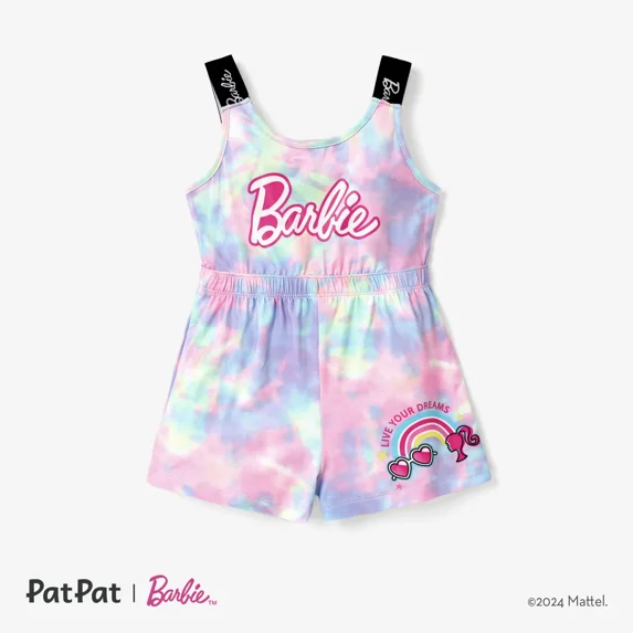 Barbie Toddler Girls Romper Tyedyed Colorful Pattern with Classic Logo Print Jumpsuit Sizes 3-10