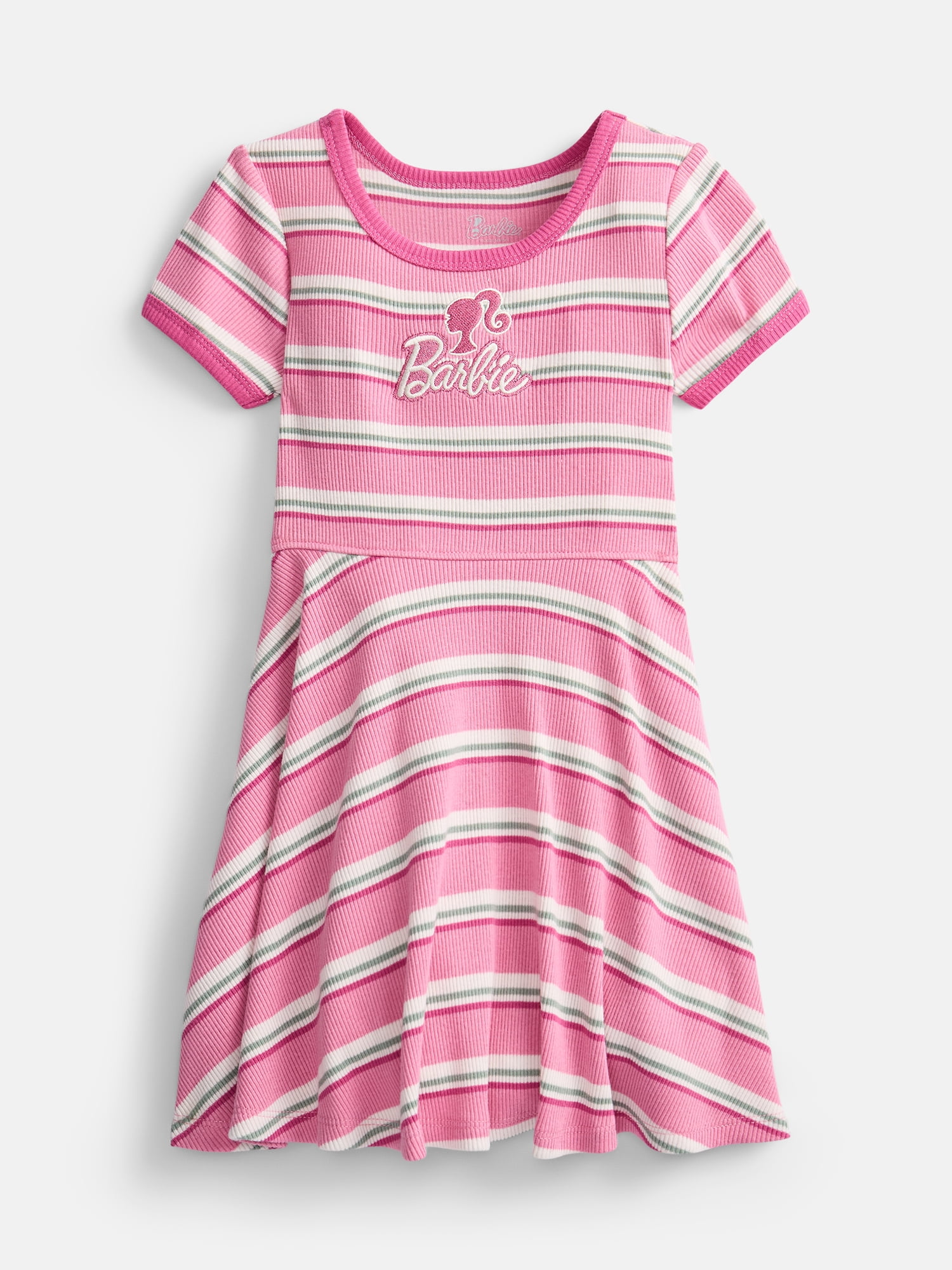 Barbie Toddler Girls Graphic Striped Skater Dress with Short Sleeves, Sizes 12M-5T