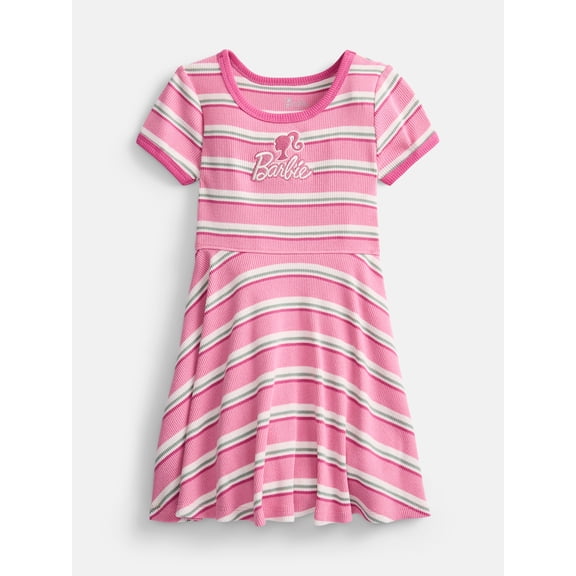Barbie Toddler Girls Graphic Striped Skater Dress with Short Sleeves, Sizes 12M-5T