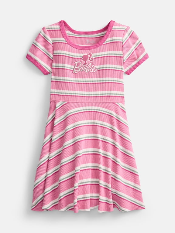 Barbie Toddler Girls Graphic Striped Skater Dress with Short Sleeves, Sizes 12M-5T