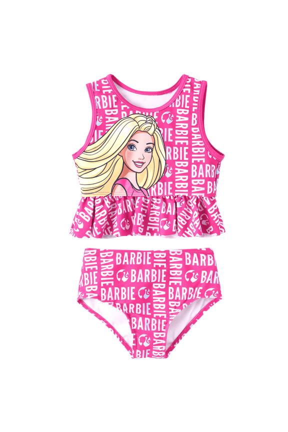 Toddler Girls Swimsuit Set Holographic Barbie Letter Print Graphic Ruffle Peplum Tankini Top Swim Bottoms 2 Piece Tankini Swimwear Sizes 2Y