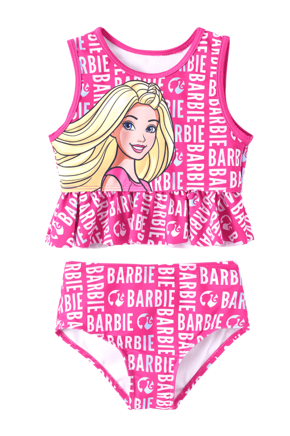 Toddler Girls Swimsuit Set Holographic Barbie Letter Print Graphic Ruffle Peplum Tankini Top Swim Bottoms 2 Piece Tankini Swimwear Sizes 2Y