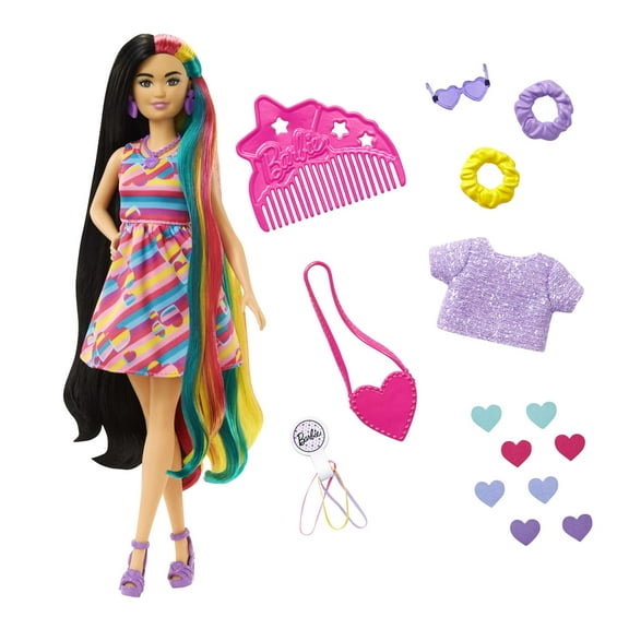 Barbie Totally Hair Fashion Doll with Heart Theme, Extra-Long Hair & 15 Styling Accessories