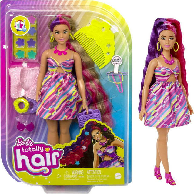 Barbie Totally Hair Flower-Themed Doll, Curvy, 8.5 inch Fantasy Hair ...