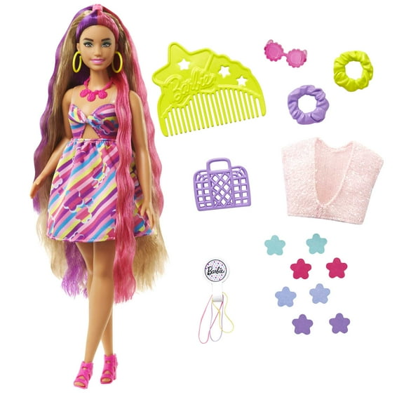 Barbie Totally Hair Flower-Themed Doll, Curvy, 8.5 inch Fantasy Hair, Dress, 15 Accessories, 3 & Up
