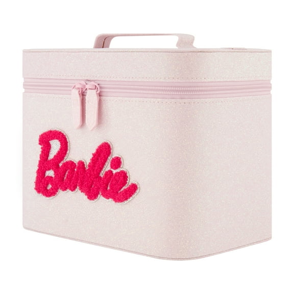 Barbie Travel Makeup Bag, Trapezoid Cosmetic Organizer Pouch for Women, Pink Glitter