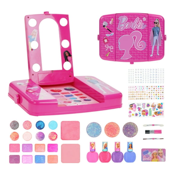 Barbie Beauty Vanity Set with Light-Up Mirror, Includes Lip Gloss, Eye Shadow, Brushes, Nail Polish, Accessories, and More! Ages 3+ Perfect for Parties, Sleepovers, and Makeovers, by Townley Girl