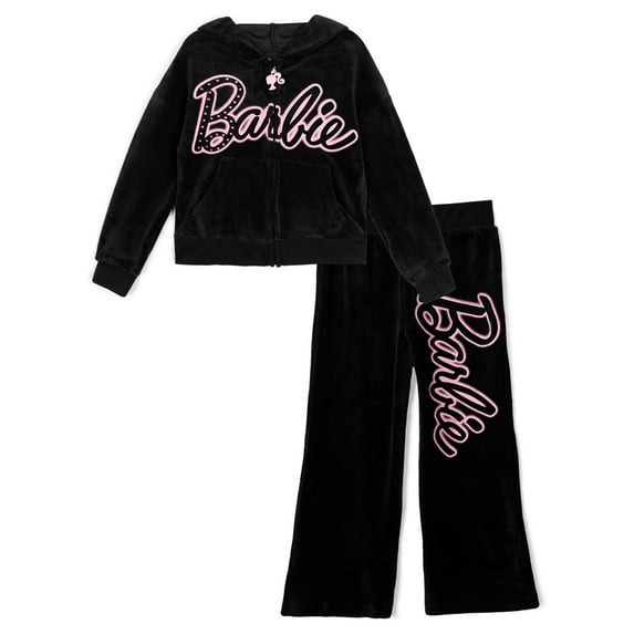 Barbie Velour Drop Shoulder Zip Up Hoodie and Flare Pants Outfit Set Toddler to Big Kid