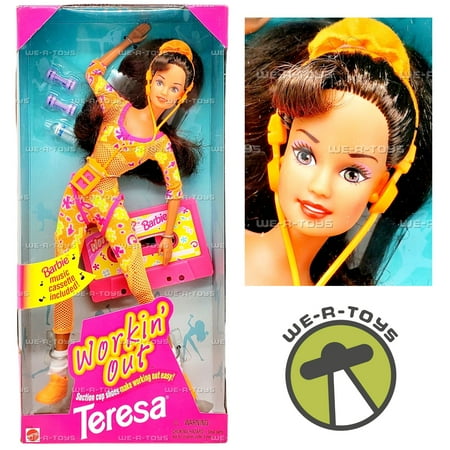 Barbie WORKIN' OUT TERESA DOLL w Suction Cup SHOES, Barbie MUSIC CASSETTE & More (1996)