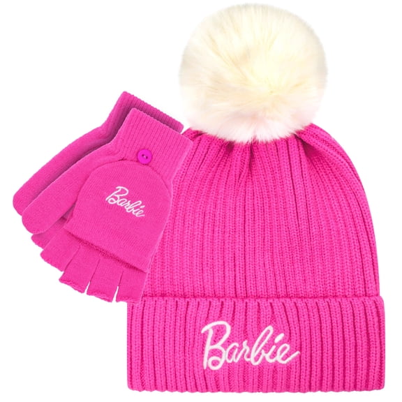 Barbie Winter Hat for Women ? Winter Beanie Hats for Women with Gloves, Warm Beanie Hats, Pink Knitted Beanie