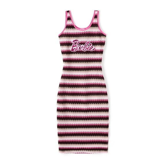 Barbie Women Dresses Pink Embroidered Striped Sleeveless Knitted Summer Midi Bodycon Dress Sizes S