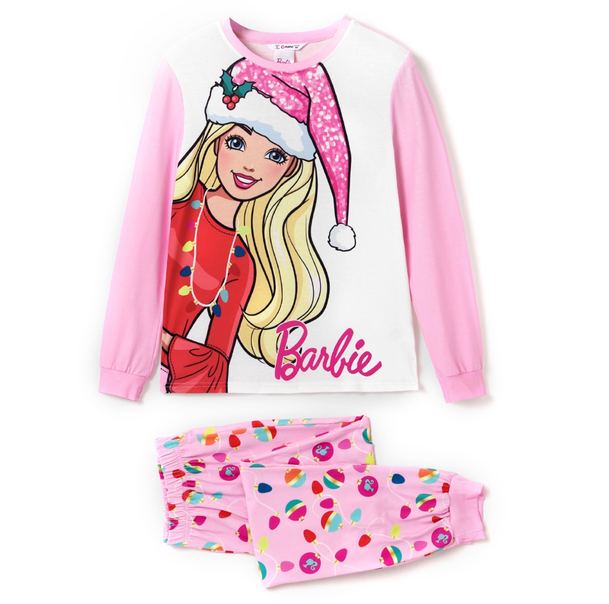 Barbie Women Pajamas Pink Colorful String Lights Christmas Santa