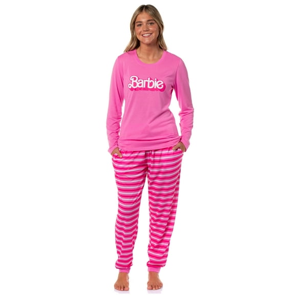 Barbie Women's Classic Retro Logo 2-Piece Long Sleeve Sleepwear Jogger Pajama Set Loungewear