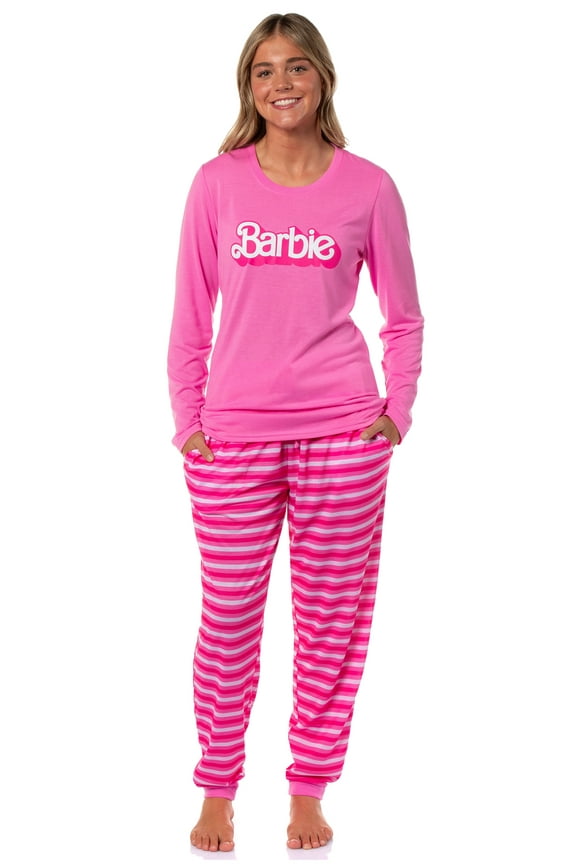 Barbie Women's Classic Retro Logo 2-Piece Long Sleeve Sleepwear Jogger Pajama Set Loungewear