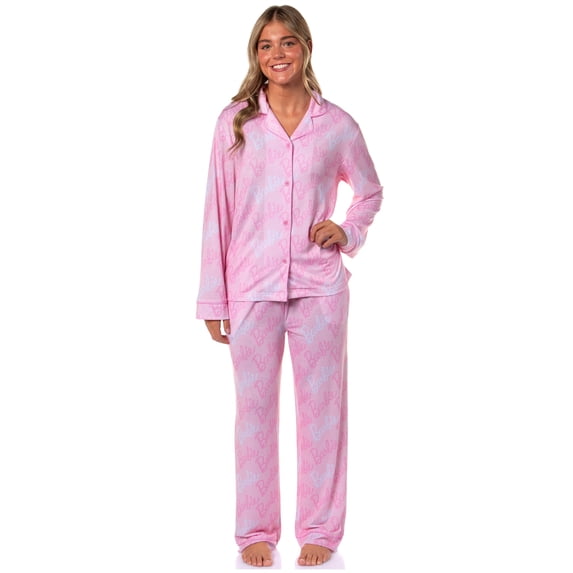 Barbie Women's Doll Logo Tossed Sleep Collared Button Down Long-Sleeve Pajama Set