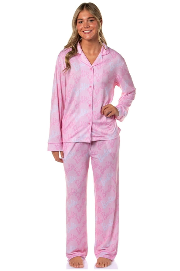 Barbie Women's Doll Logo Tossed Sleep Collared Button Down Long-Sleeve Pajama Set
