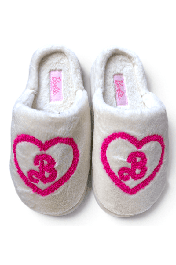 Women's Fuzzy Slip-On Slippers with Memory Foam, Cream with Pink Heart Logo, Adult Large (8-9)