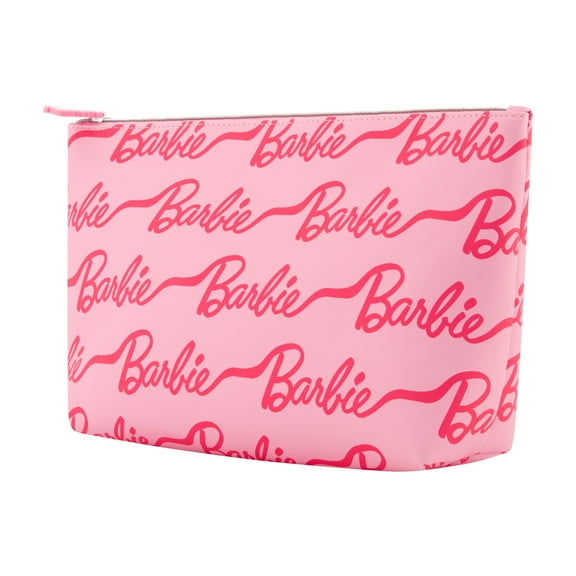 Barbie Women's Makeup Bag, Small Travel Cosmetic Zipper Pouch Organizer, All-Over Logo, Pink
