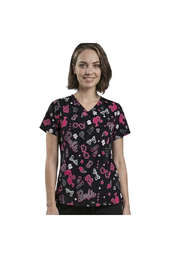 Women’s Short Sleeve V-Neck Classic Fit All Over Print Novelty Scrub Top (S-3XL)