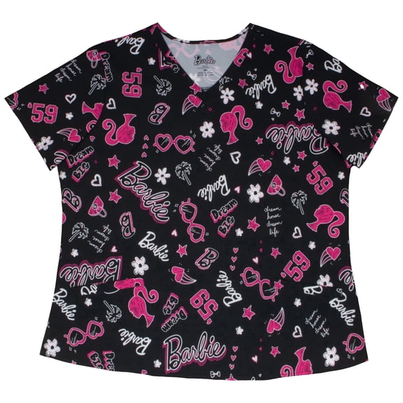 Barbie Women’s Short Sleeve V-Neck Classic Fit All Over Print Novelty Scrub Top (S-3XL)